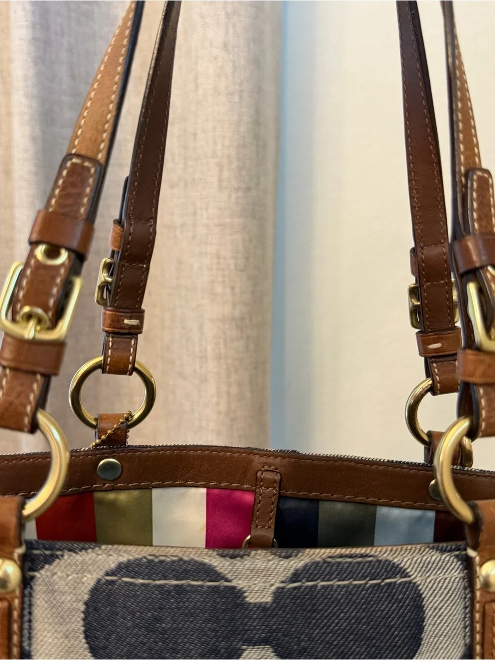Coach Blue Signature Denim Tote with Brown Leather Trim